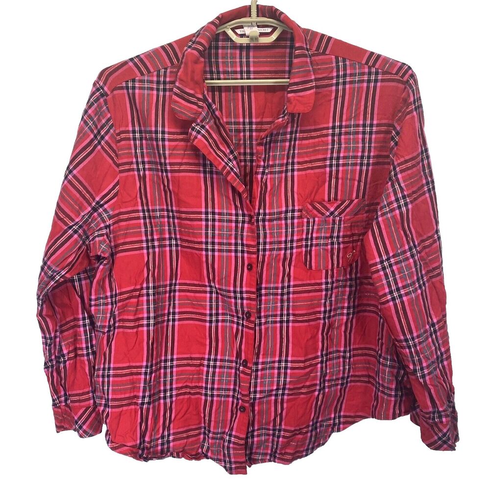 Victoria's Secret Womens Pajama Top Size XXL Red Plaid Button Up Long Sleeve